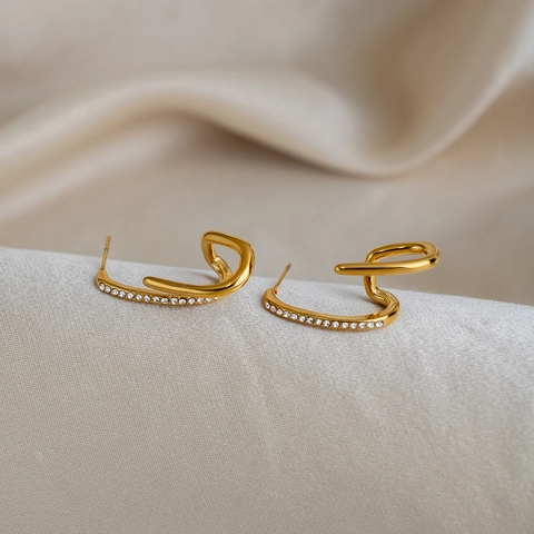 Irregular Curve Stud Earrings 18K Gold Plated Stainless Steel Rhinestone Geometric Waterproof Hypoallergenic Women Jewelry