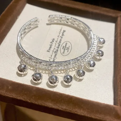Open Cuff Bracelet Silver Color Alloy Braided Texture With Hanging Bell Charms Retro Chinese Style Elegant Jewelry For Women