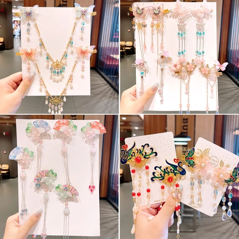 Kids Girls Ancient Style Hair Clips Butterfly Flower Tassels Alloy Faux Artificial Pearl Hanfu Hairpins Traditional Accessories