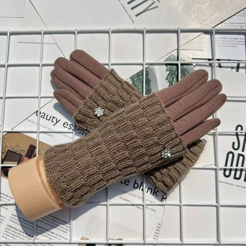 Women Winter Gloves Knitted Warm Fleece Lined Touch Screen Outdoor Riding Retro Rhinestone Flower Elegant