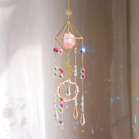 Crystal Suncatcher Hanging Ornament Rose Quartz Raw Stone Rainbow Maker Prism Geometric Gold Metal Fairy Butterfly Window Decor
