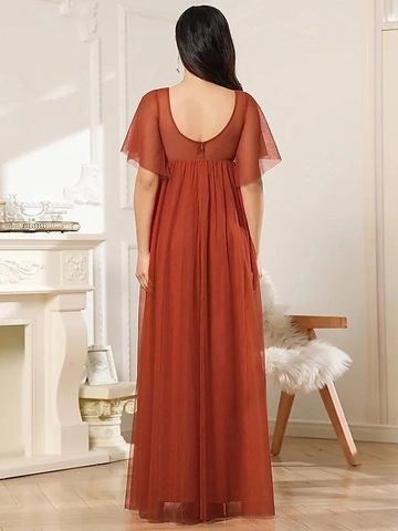 Umstandsabendkleid Mesh V Ausschnitt Hohe Taille Kurze Flatterärmel Elegante Lange Schwangerschaftsrobe