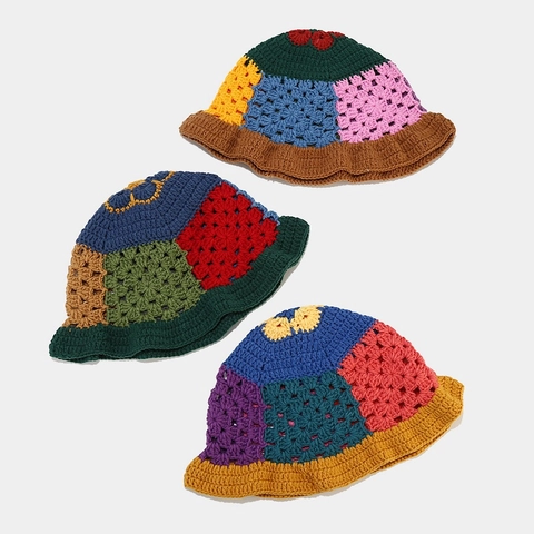 Chapeau Bob Crochet Fait Main Femmes Avec Motif Patchwork Coloré Style Bohème Rétro Respirant Protection Solaire