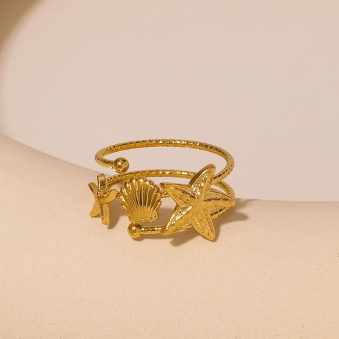 Starfish Scallop Shell Stainless Steel Ring Sea Ocean Theme Double Layer Hollow Adjustable Open Ring For Women Jewelry
