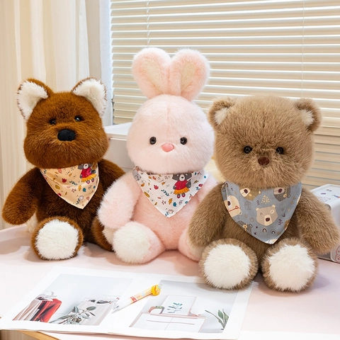 Cute Animal Plush Doll Soft Long Fur Bear Rabbit Dog Toy With Printed Bandana Cartoon Comforter For Kids Home Decor