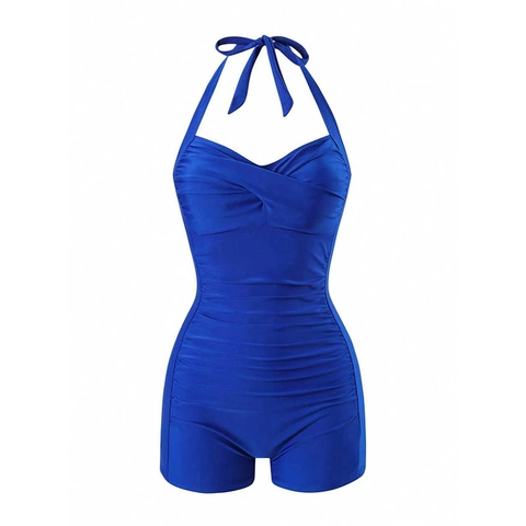 Women One Piece Swimsuit Halter Neck Boy Leg Ruched Tummy Control Vintage Bathing Suit Polyester Spandex