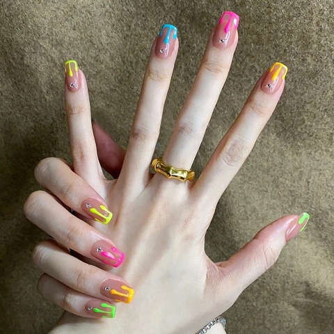 Neon Color Press On Nails Dripping Paint Design Rhinestone Decor Short Ballerina Shape Artificial False Nails Summer Style Women