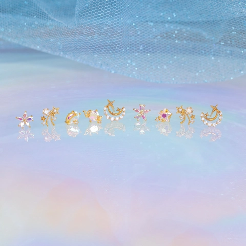 18K Gold Plated Brass Zirconia Star Moon Planet Butterfly Stud Earrings Iridescent Sweet Cute Women Fashion Jewelry
