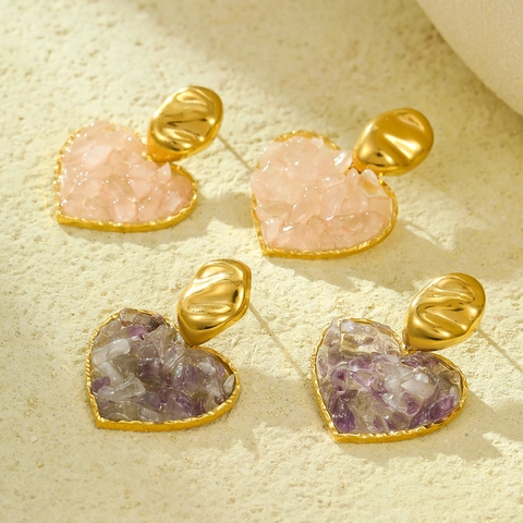 Boucles d'Oreilles Pendantes Cœur en Acier Inoxydable Plaqué Or 18K avec Incrustation de Pierre Naturelle Bijoux de Mode Femme