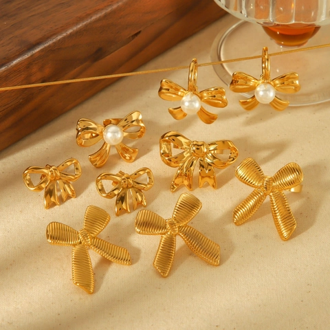 Elegante Bowknot Schmuck Edelstahl 18K Vergoldet Künstliche Perle Ohrringe Halskette Ring Armband Für Damen Mode Accessoire