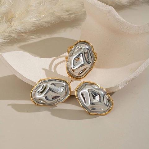 Orecchini E Anello In Acciaio Inossidabile Martellato Geometrico Bicolore Texture Irregolare Impermeabile Gioielli Donne