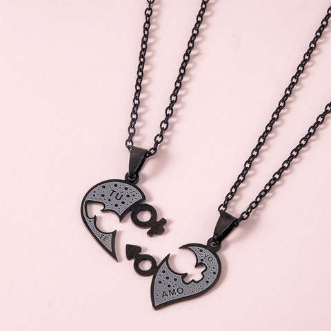 Collar Colgante Rompecabezas Corazón Acero Inoxidable Parejas Amor Español Grabado Simbólico Joyería Regalo Romántico Negro