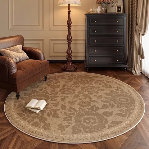 Tapis Rond Imperméable Résistant Aux Taches Polyester Rétro Floral Style Français Pour Salon Chambre Antibactérien Maison