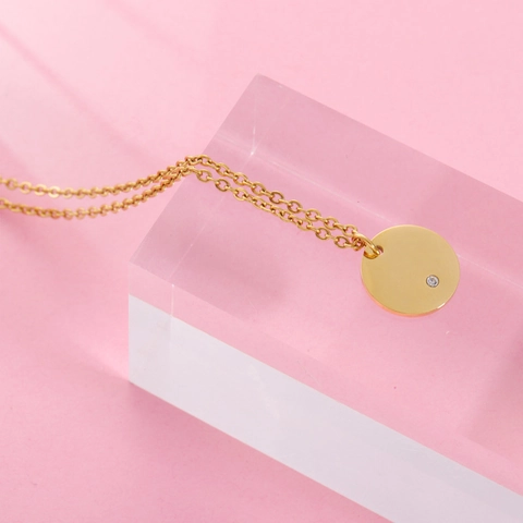 Minimalist Stainless Steel Necklace With Rhinestone Geometric Round Square Pendant Mirror Polished Fashion Jewelry