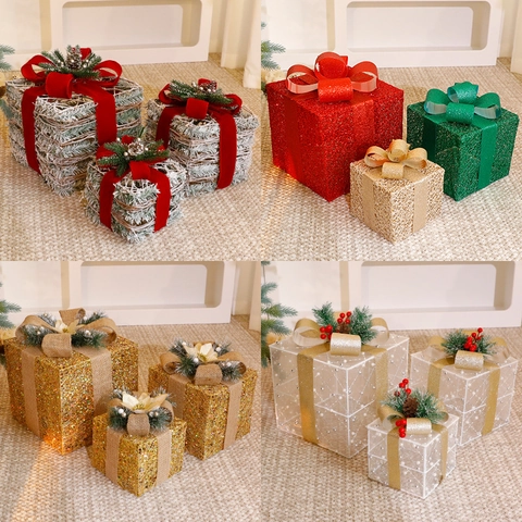 Christmas Glowing Gift Boxes LED Lighted Iron Mesh Glitter Festive Ornaments With Ribbon Bows For Home Yard Decor