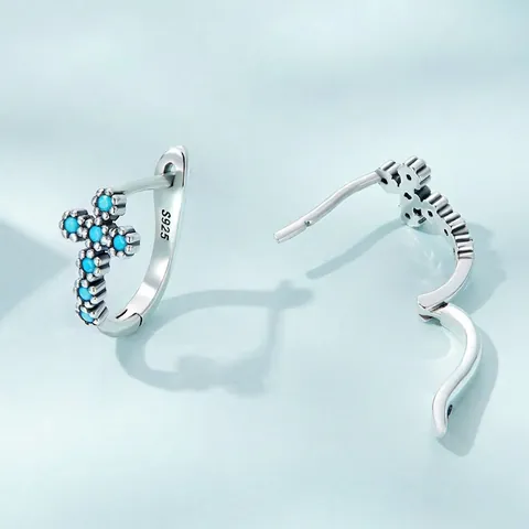 925 Sterling Silver Cross Hoop Earrings For Women Vintage Sky Blue Rhinestone Inlaid Religious Faith Jewelry Gift