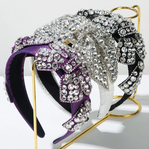 Serre-tête en Satin de Luxe Avec Nœud pour Femmes Incrustation de Strass Lourde Rembourré Large Bord Style Palais Rétro Accessoires Cheveux