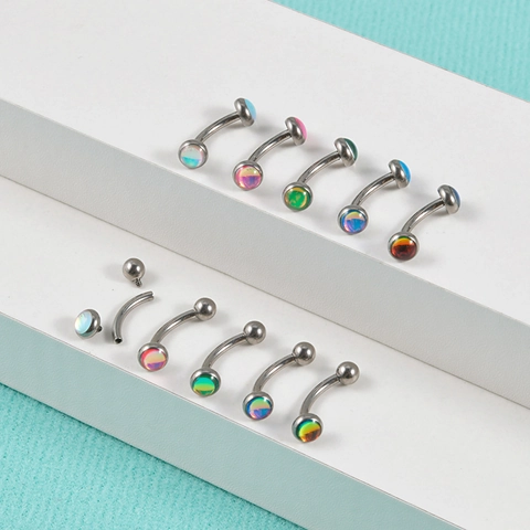 G23 Titanium Curved Barbell Eyebrow Ring Internally Threaded Glitter Film Ball Rainbow Iridescent Piercing Jewelry Jewelry