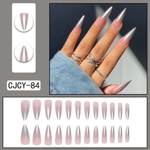 Press On Nägel Silber Farbverlauf Lang Stiletto Metallisch Chrom Ombre Pink Künstliche Falsche Nägel Für Frauen