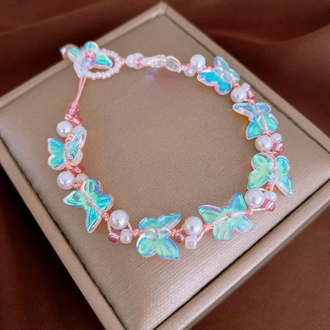 Iridescent Butterfly Imitation Artificial Pearl Bracelet With Adjustable Pink Woven Cord Sweet Handwoven Jewelry Gift For Women Girls