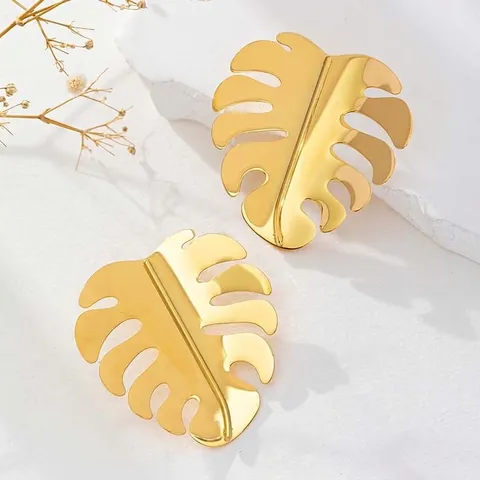 Monstera Leaf Drop Earrings 18K Gold Plated Stainless Steel Tropical Plant Hollow Out Retro Statement Jewelry For Women