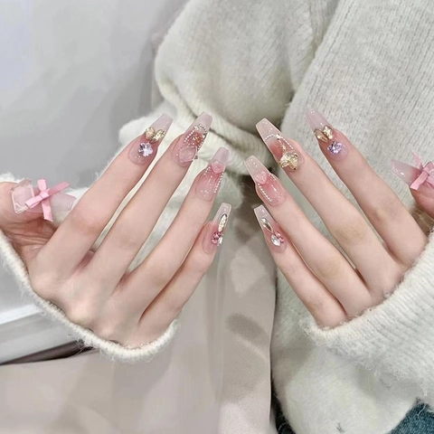 Handmade Press On Nails Pink Blush Gradient Coffin Shape With 3D Butterfly Satin Bow Artificial Pearls Heart Charms Women Manicure