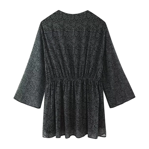 Vintage V-Ausschnitt Langarm Minikleid Mit Silbernen Metallic Fäden Paisley Druck Kordelzug Quaste Knopf Detail Für Damen