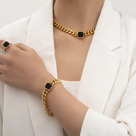 Fashion Titanium Steel Chunky Cuban Link Necklace For Women Hip Hop Black Square Pendant Gold Silver Plated Chain Jewelry