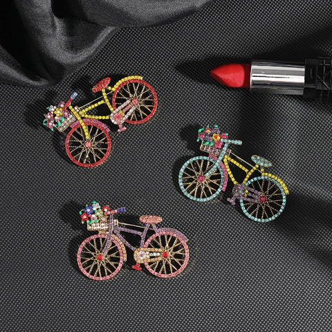 Vintage Bicycle Brooch Pin Alloy Colorful Rhinestone Inlay Retro Style Fashion Suit Accessory For Women Men