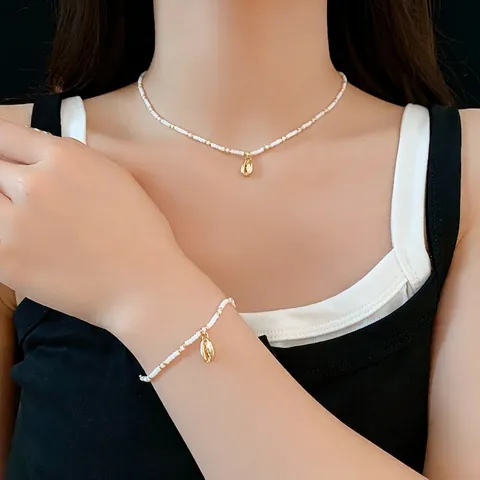 Schelp Hanger Legering Rijstkralen Ketting Armband Boheemse Strand Vakantie Stijl Minimalistische Sieraden Voor Vrouwen
