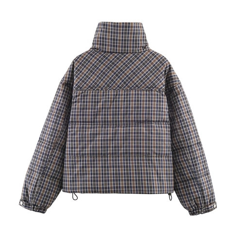 Dames Gewatteerde Jas Met Ruitjes Opstaande Kraag Rits Retro Streetwear Polyester Puffer Losse Lange Mouwen Bovenkleding
