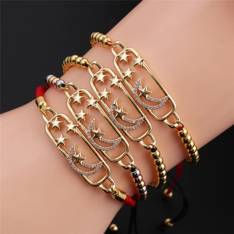 Star Moon Charm Bracelet Copper Gold Plated With Cubic Zirconia Adjustable Woven Rope Fashion Jewelry For Women