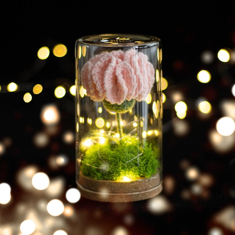 Handmade Crochet Carnation Flower In Glass Dome LED Night Light Gift For Mother Women Birthday Valentine Romantic Ornament