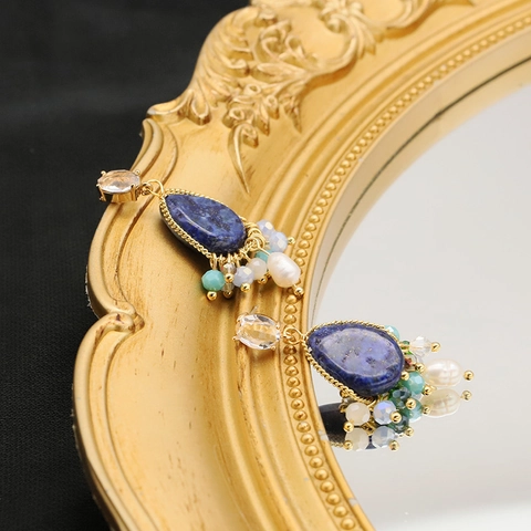 Boucles D'oreilles Pendantes Lapis Lazuli Et Künstliche Perles Avec Tige En Argent Sterling 925 Bijoux Bohèmes Dorés Cristal