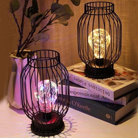 Iron Art Led Night Light Lantern Shape Metal Cage Desk Lamp Battery Powered Nordic Decorative Atmosphere Table Lamp