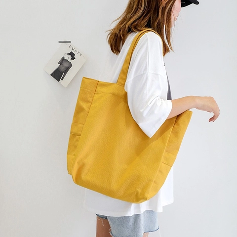 Canvas Tote Bag Large Capacity With Snap Button And Side Pockets Minimalist Casual Shoulder Handbag For Women