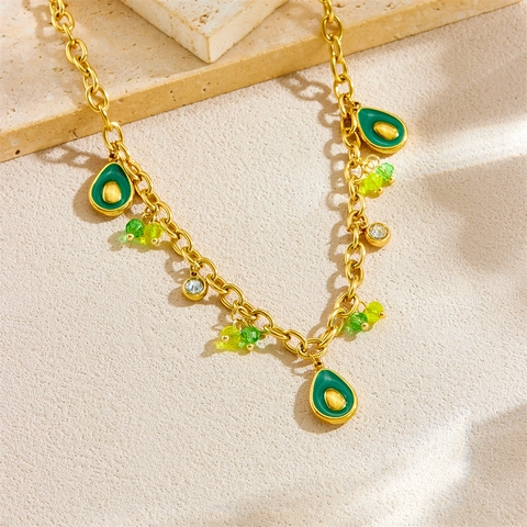 Avocado Pendant Necklace Stainless Steel Gold Plated Green Enamel Fruit Charm Clear Rhinestone Beads Women Fashion Jewelry