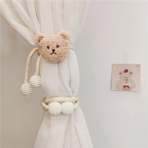 Plush Bear Curtain Tieback With Faux Artificial Pearl Buckle Braided Rope Decorative Window Treatment For Kids Room Nursery