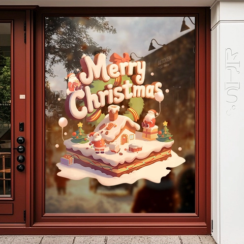 Vinilos Ventana Navidad PVC Estático 3D Visual Papá Noel Cabaña Nieve Pegatinas Cristal Reutilizables Para Tienda Hogar Decoración