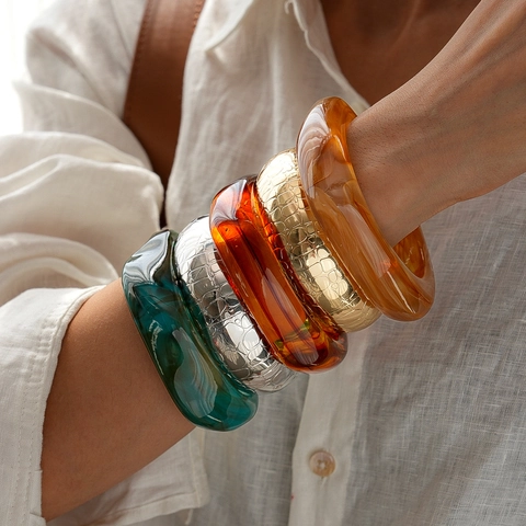 Chunky Acrylic Bangle Bracelet For Women Retro Geometric Resin Cuff Hand Jewelry Marble Amber Texture Minimalist Fashion