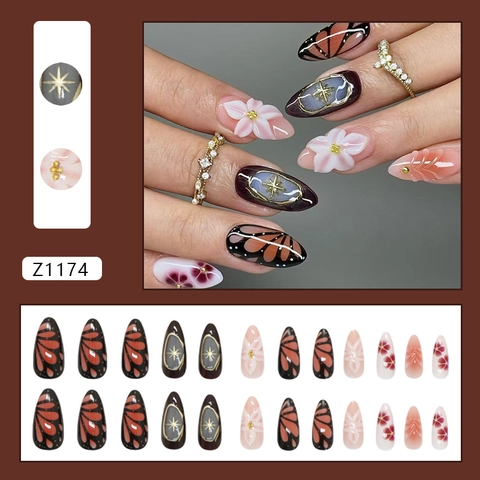 Press On Nagels ABS Reliëf Bloem Vlinder Ster Amandelvorm Vintage Elegante Stijl Voor Vrouwen