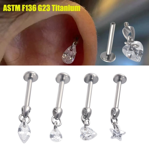 G23 Titanium Internally Threaded Labret Lip Studs With Zircon Heart Star Teardrop Marquise Piercing Earring Bone Jewelry