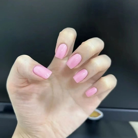 Uñas Postizas Cuadradas Rosas Plástico Brillante Color Sólido Jelly Estilo Dulce Para Mujer Manicura Diaria