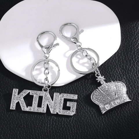 King Letter Crown Keychain Zinc Alloy Sparkling Rhinestone Pendant For Bag Car Key Silver Color Novelty Accessory