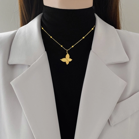 Butterfly Pendant Necklace Titanium Steel Gold Plated Textured Wings Bead Chain Minimalist Ins Style Fashion Jewelry