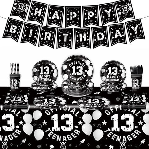 13. Geburtstag Partyzubehör Teenager Feier Schwarz Rot Einweg Banner Teller Tassen Servietten Besteck Tischdecke