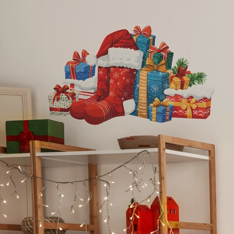 Kerst Muurstickers PVC Zelfklevend Verwijderbaar Decal Sok Cadeaudoos Sneeuwvlok Patroon Feestelijke Woondecoratie