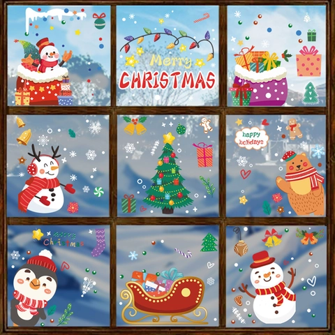 Christmas Window Clings PVC Static Stickers Glue Free Double Sided Cartoon Snowman For Holiday Glass Decoration