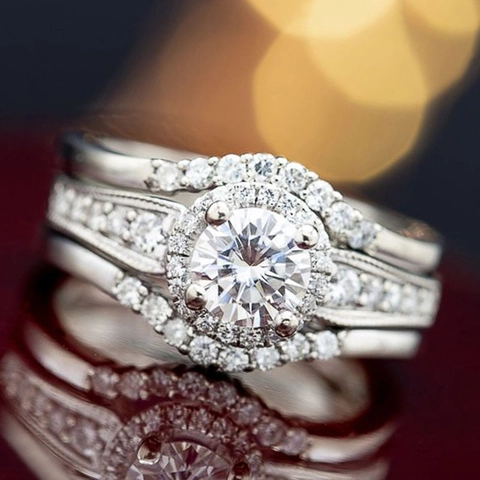 Copper Zircon Rings Round Cut White Gold Plated Bridal Stackable Halo Jewelry For Women