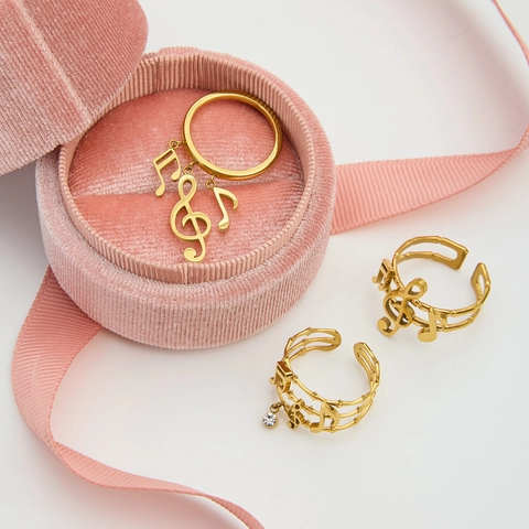 Musiknote Violinschlüssel Ringe Edelstahl Vergoldet Verstellbarer Offener Ring Mit Zirkon Für Damen Künstlerischer Schmuck
